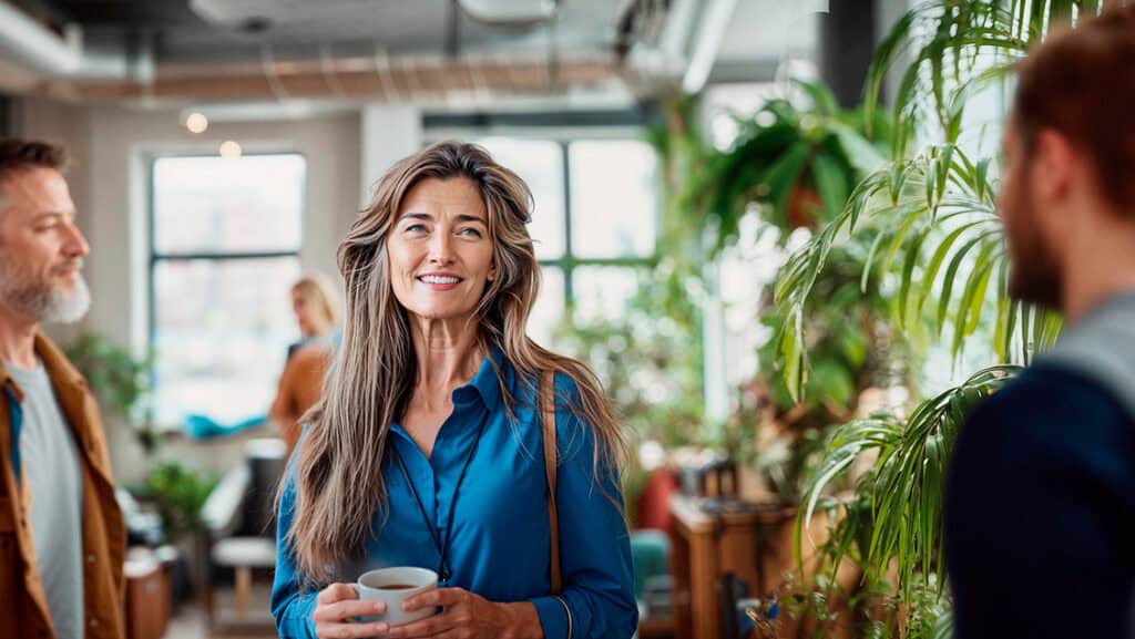 Female Dovida agent smiling with a cup of coffee in hand