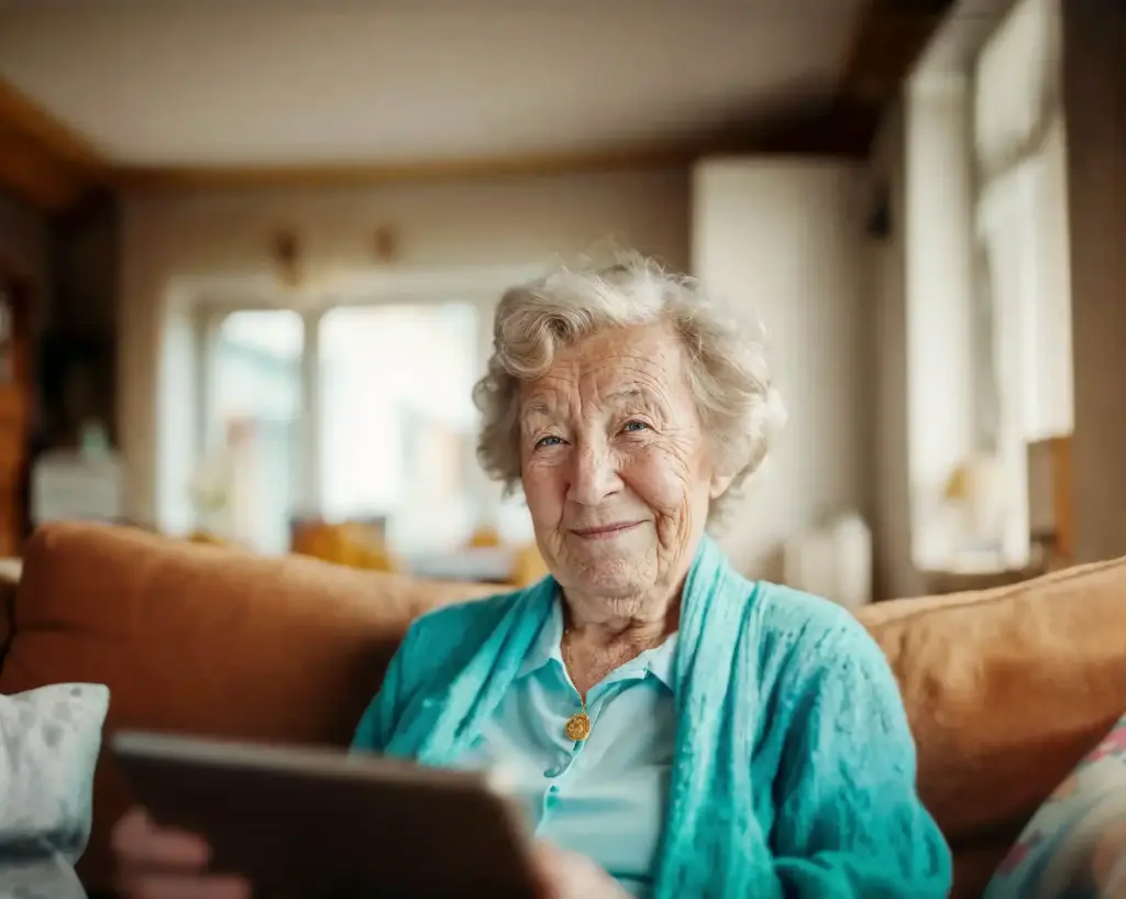 Portrait of an elderly woman sitting on a couch at home, smiling gently at the camera.
