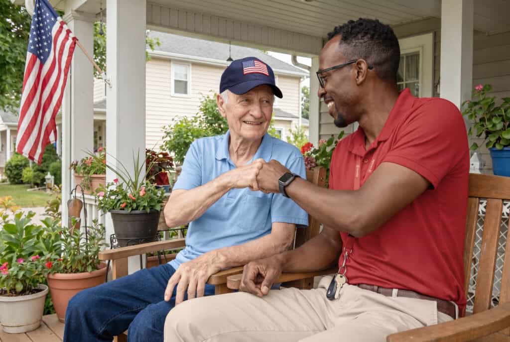 An older veteran wearing a U.S. flag cap sits on a front porch smiling and fist-bumping a caregiver in a red polo shirt, with American flags and potted flowers surrounding them.