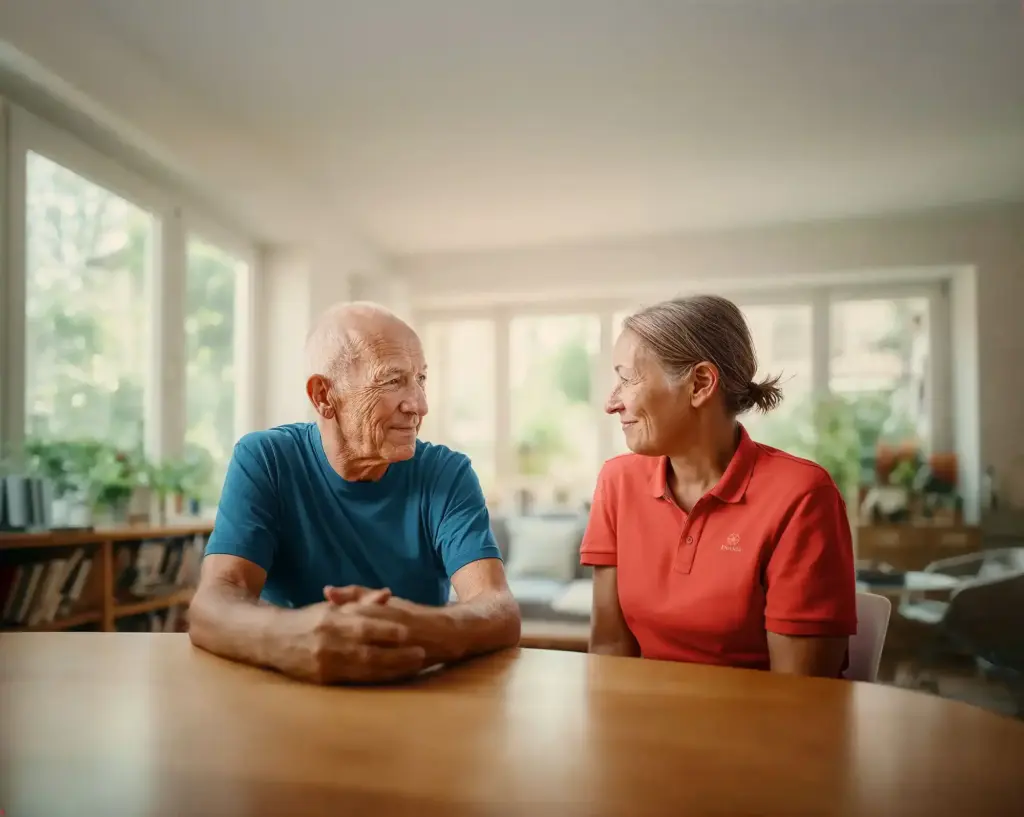 Caregiver and elderly man having a friendly conversation at home
