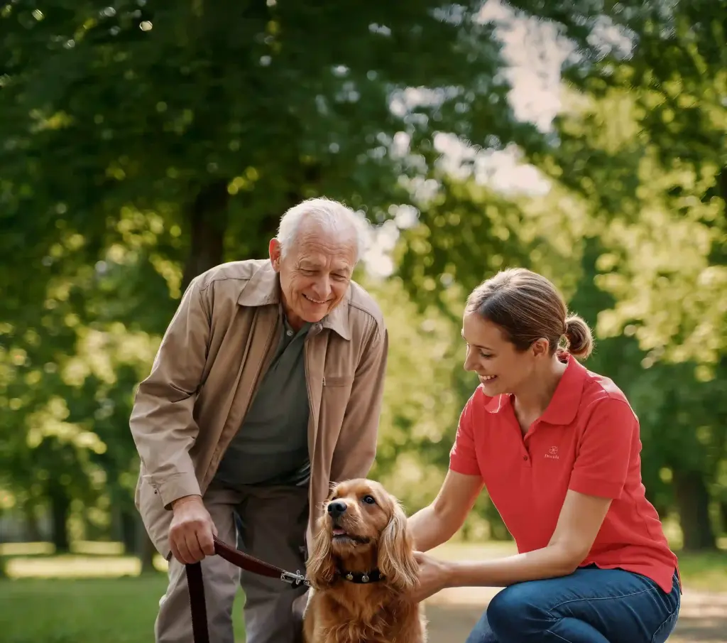Caregiver supporting elderly man walking his dog in a park