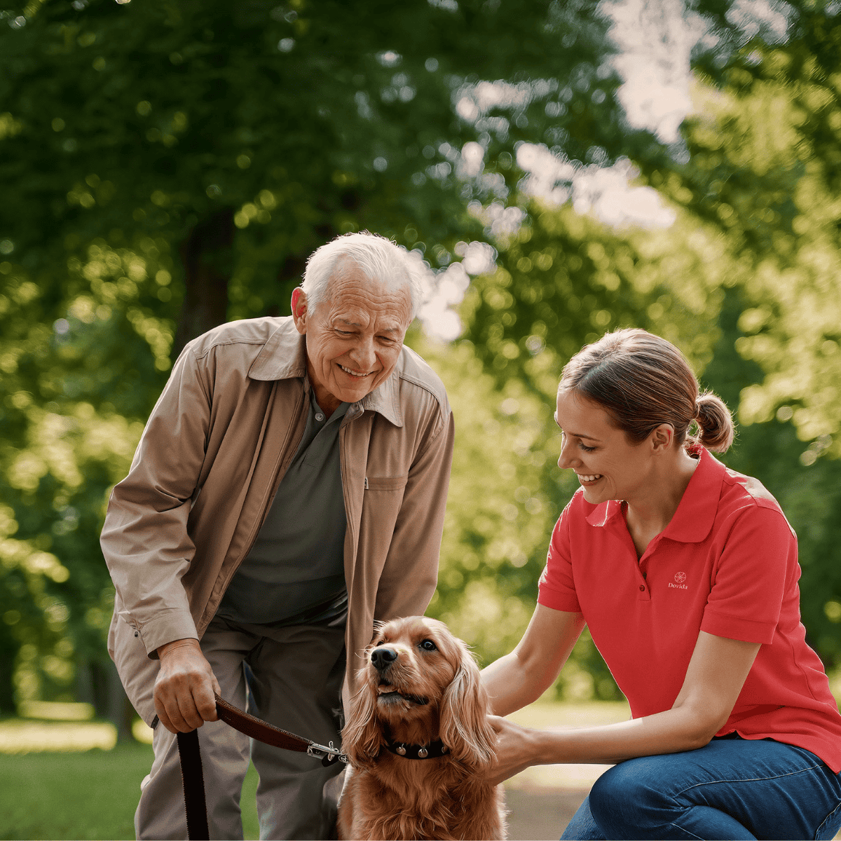 Caregiver assisting elderly man while walking his dog outdoors