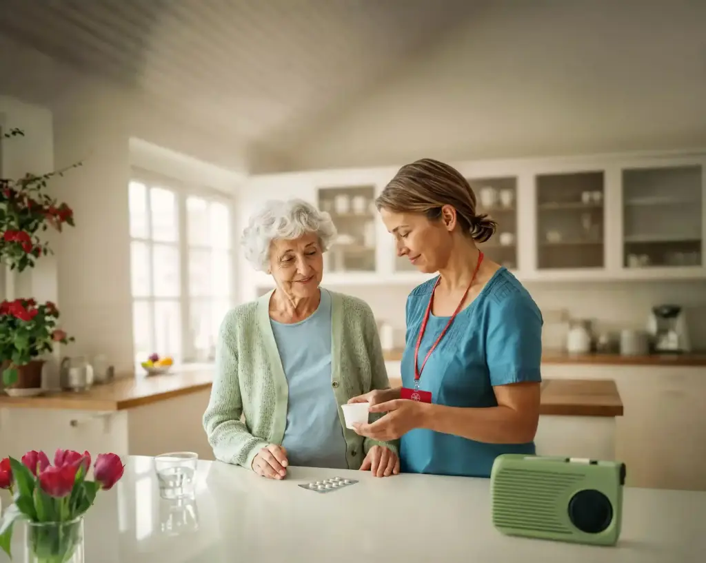 Caregiver assisting an elderly woman with medication at a kitchen counter, with pills and a glass of water nearby.