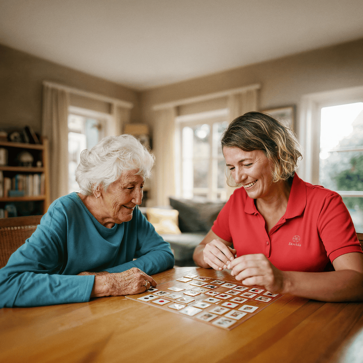 Caregiver and elderly woman playing a memory card game together at a table, focused and smiling