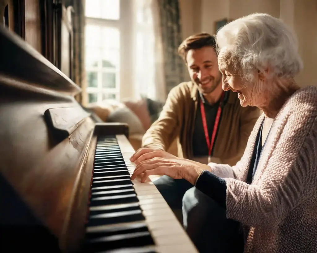 Elderly woman playing piano with caregiver beside her, smiling during a music activity session.