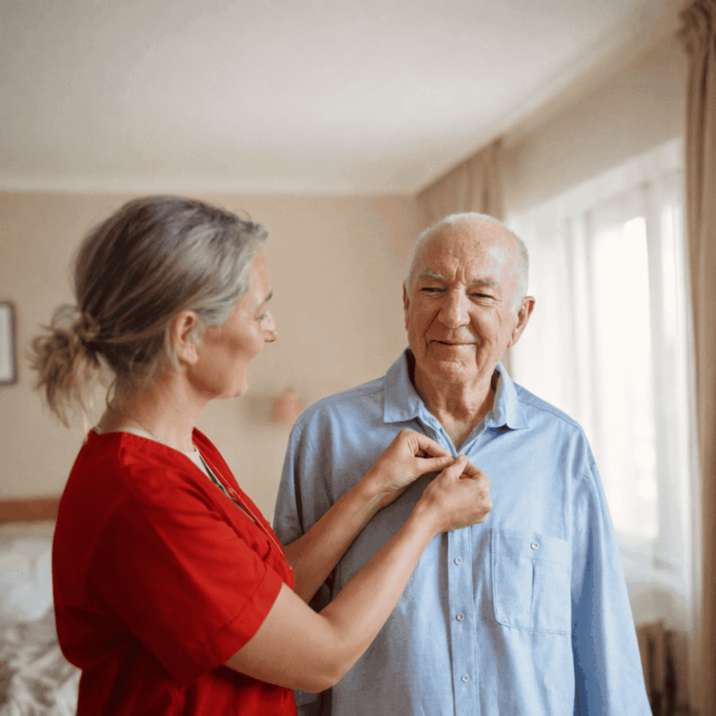Caregiver assisting elderly man with buttoning his shirt in a bedroom.