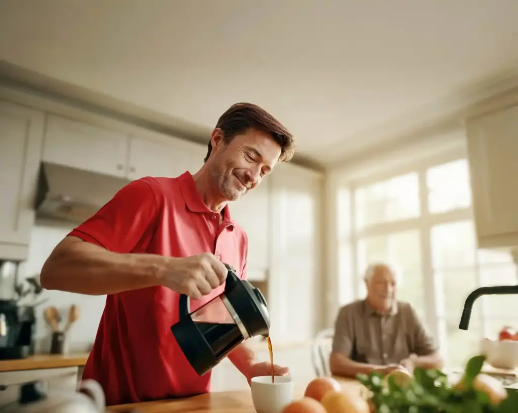 Caregiver pouring coffee into a cup while an elderly man sits at a table in the background, waiting.