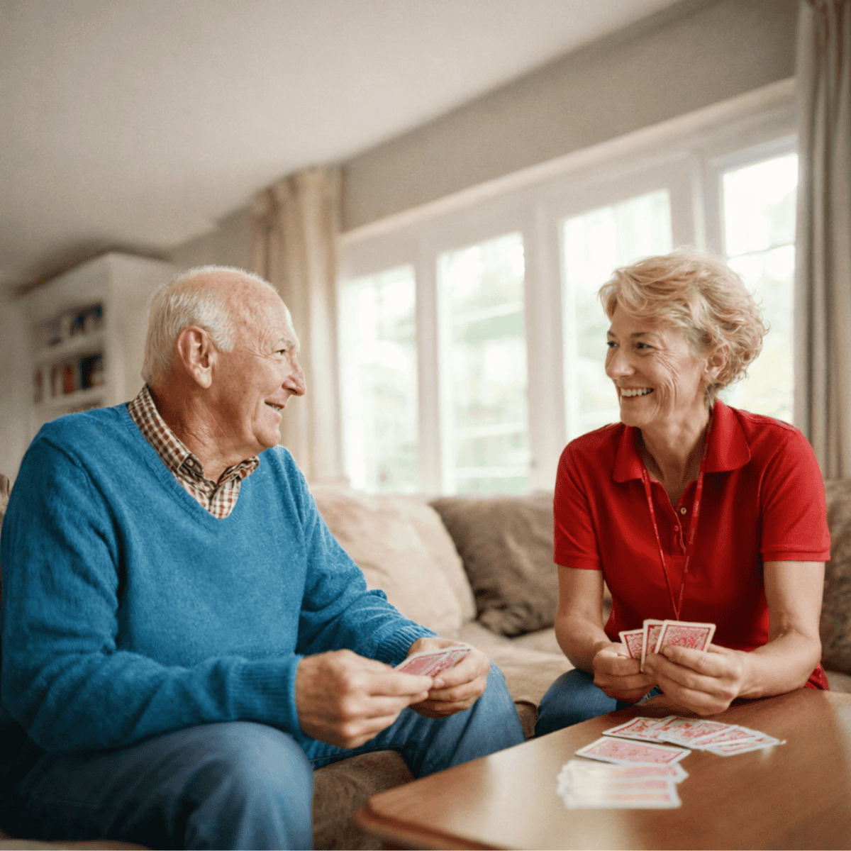 Elderly man and female caregiver smiling while playing cards together in a cozy living room.