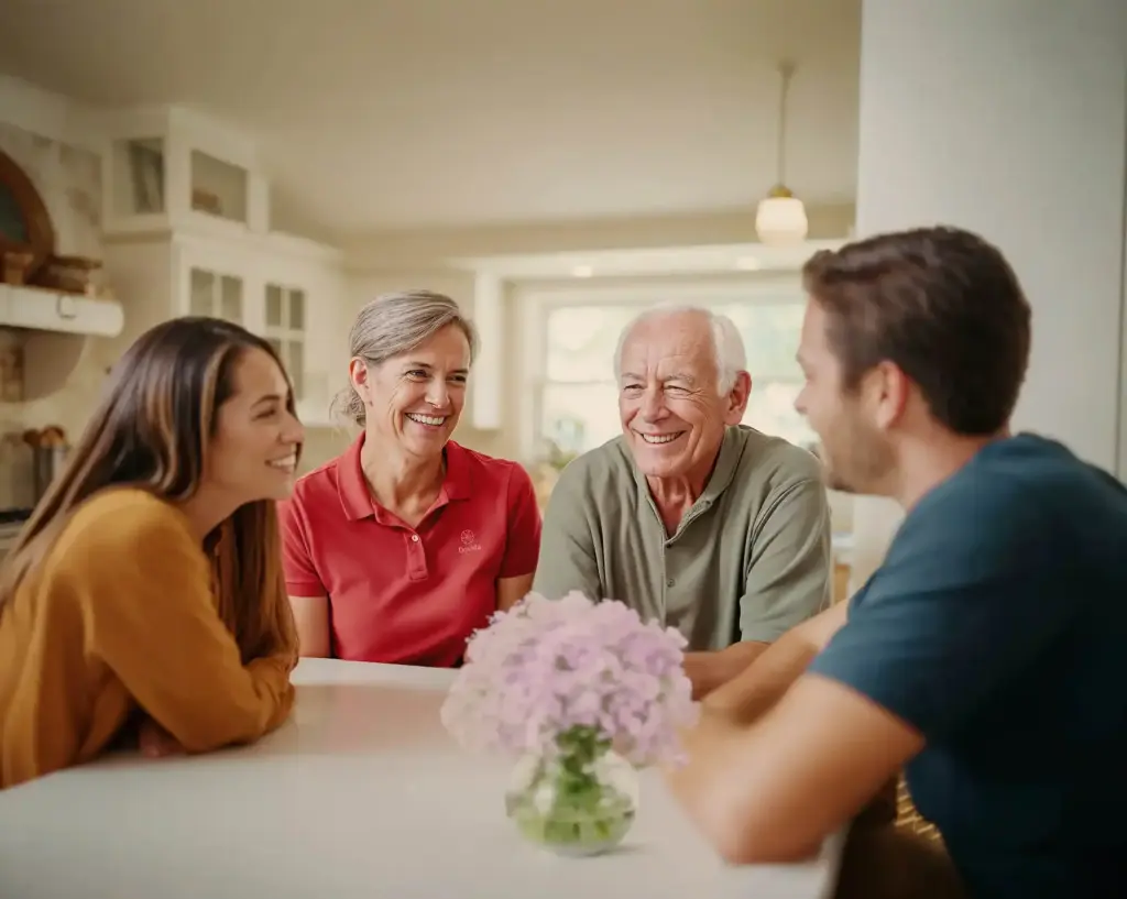 Family and caregiver sitting together at a table, smiling and talking in a bright kitchen.